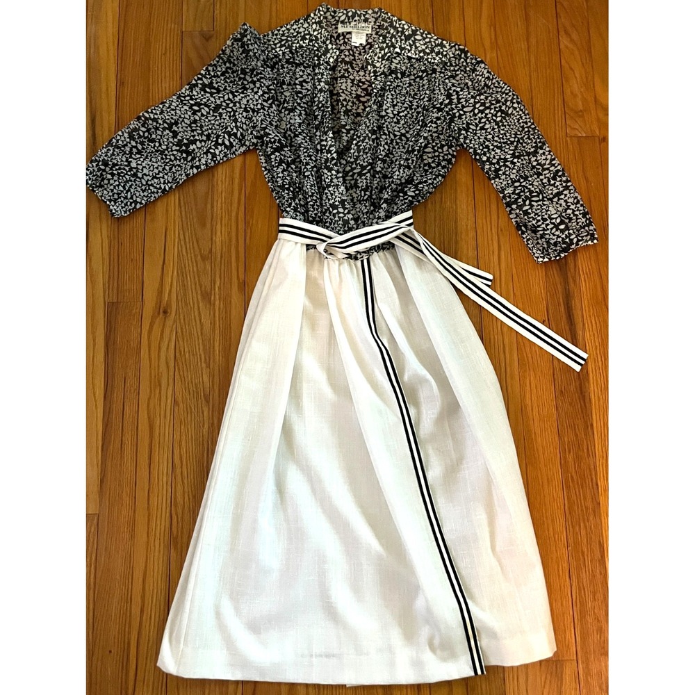 Vintage 1960s M.F. Sheldon Shawn Black & White Linen Wrap Dress w/ Belt Women 10